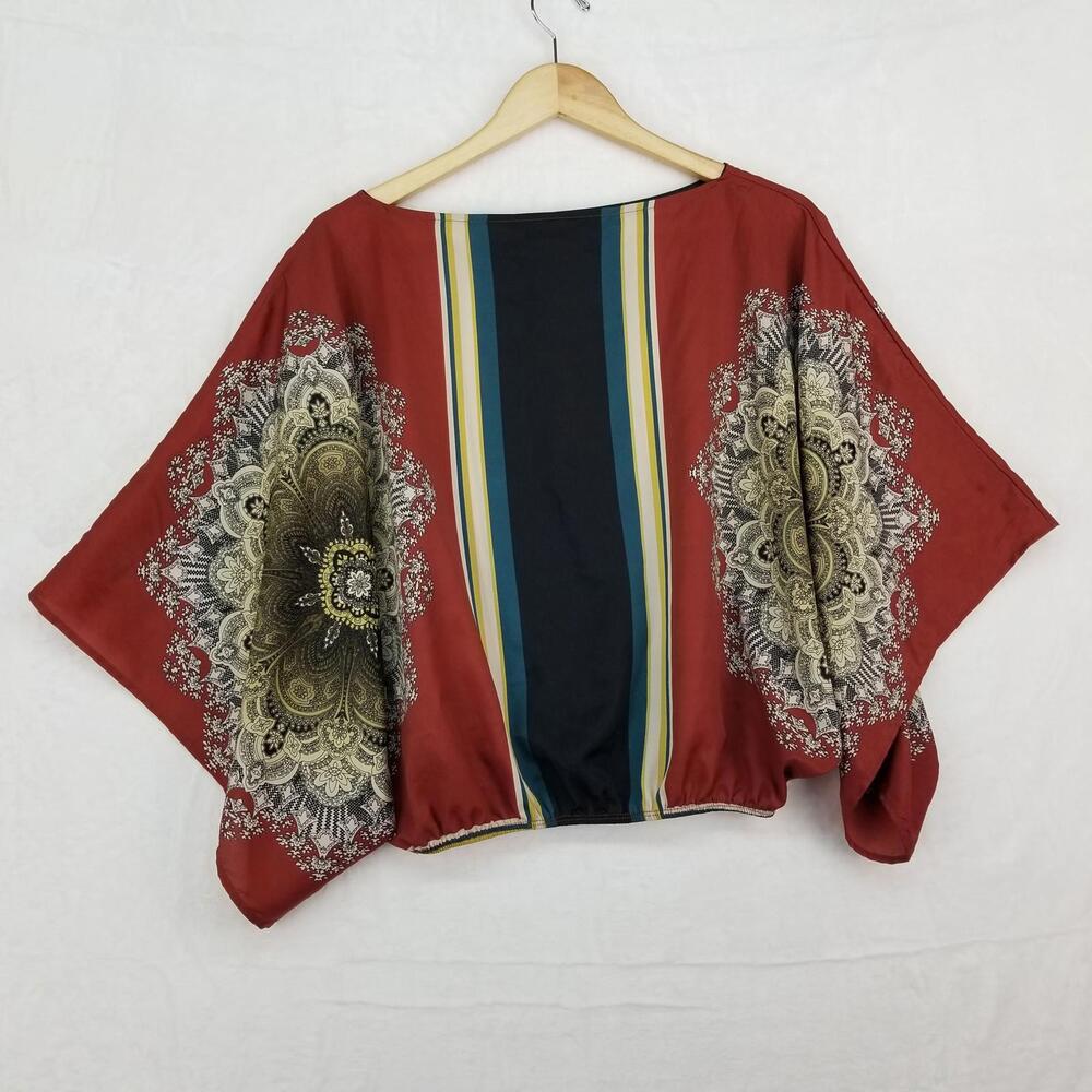 Noble U Cropped Boho Kimono Sleeve Top Blouse Small Rust Black Cream - Picture 5 of 9